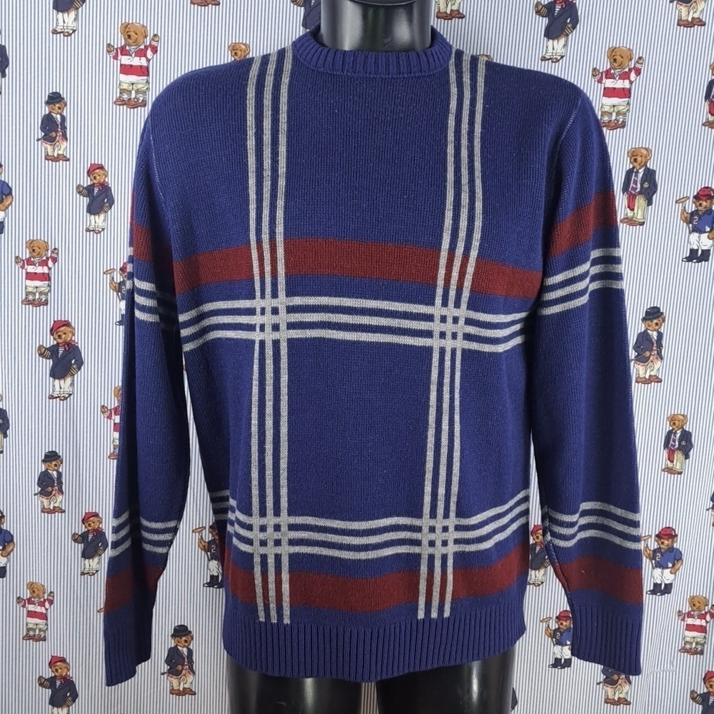Vintage LeTigre Made in USA LG blue & white colorblock tight knit casual sweater